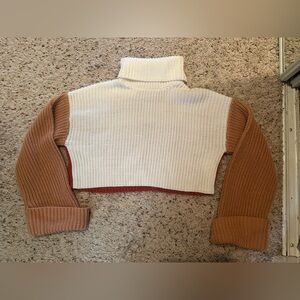 Forever21 White, Tan, Burnt Orange Color-block Cropped Sweater with Rolled Cuffs